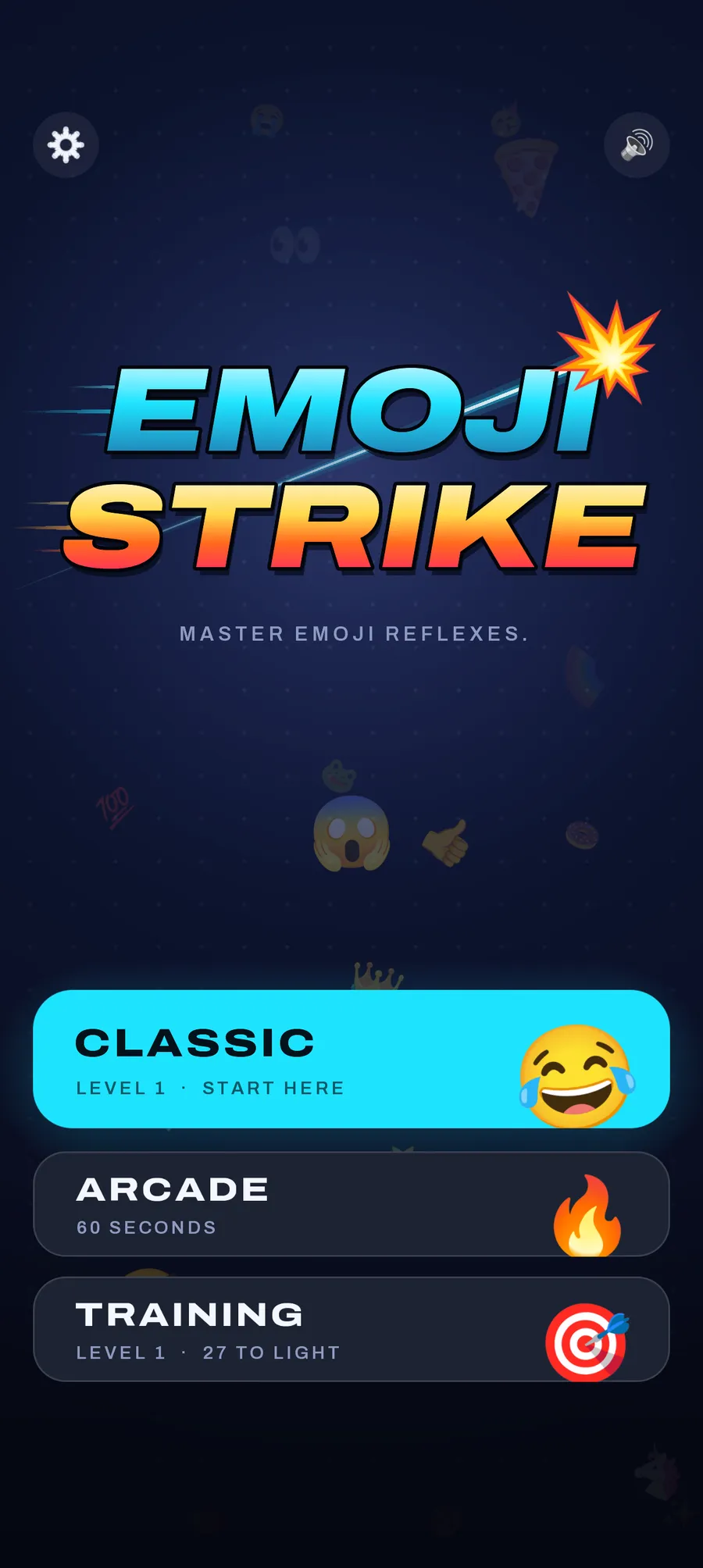 Emoji Strike’s title screen, "Master emoji reflexes.", with Classic, Arcade and Training.