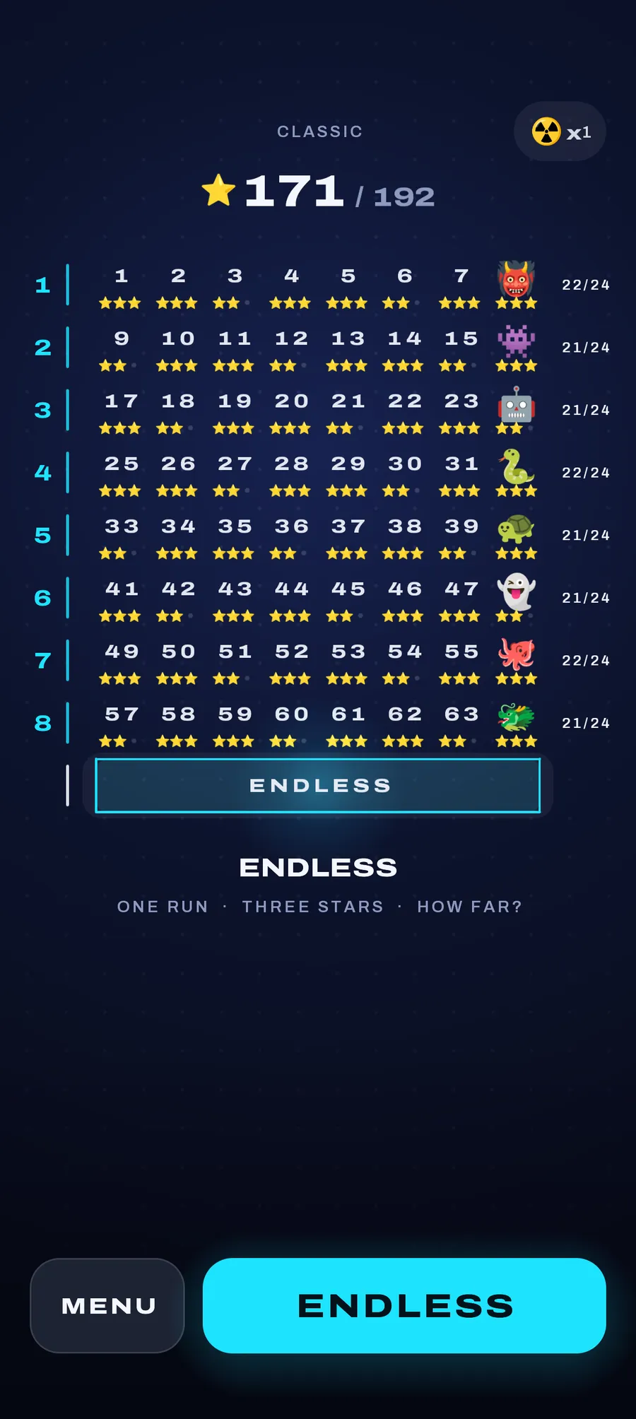 The Classic map: worlds of eight levels with stars, a boss emoji at the end of each, and Endless at the bottom.