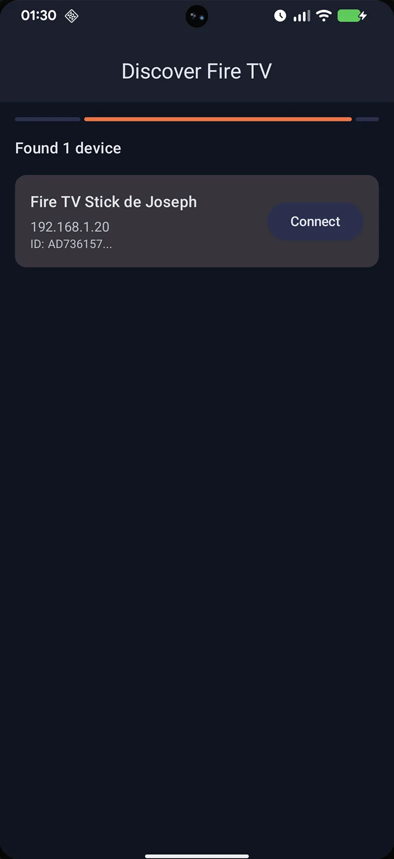 The phone app’s Discover Fire TV screen: "Found 1 device", a Fire TV Stick, with a Connect button.
