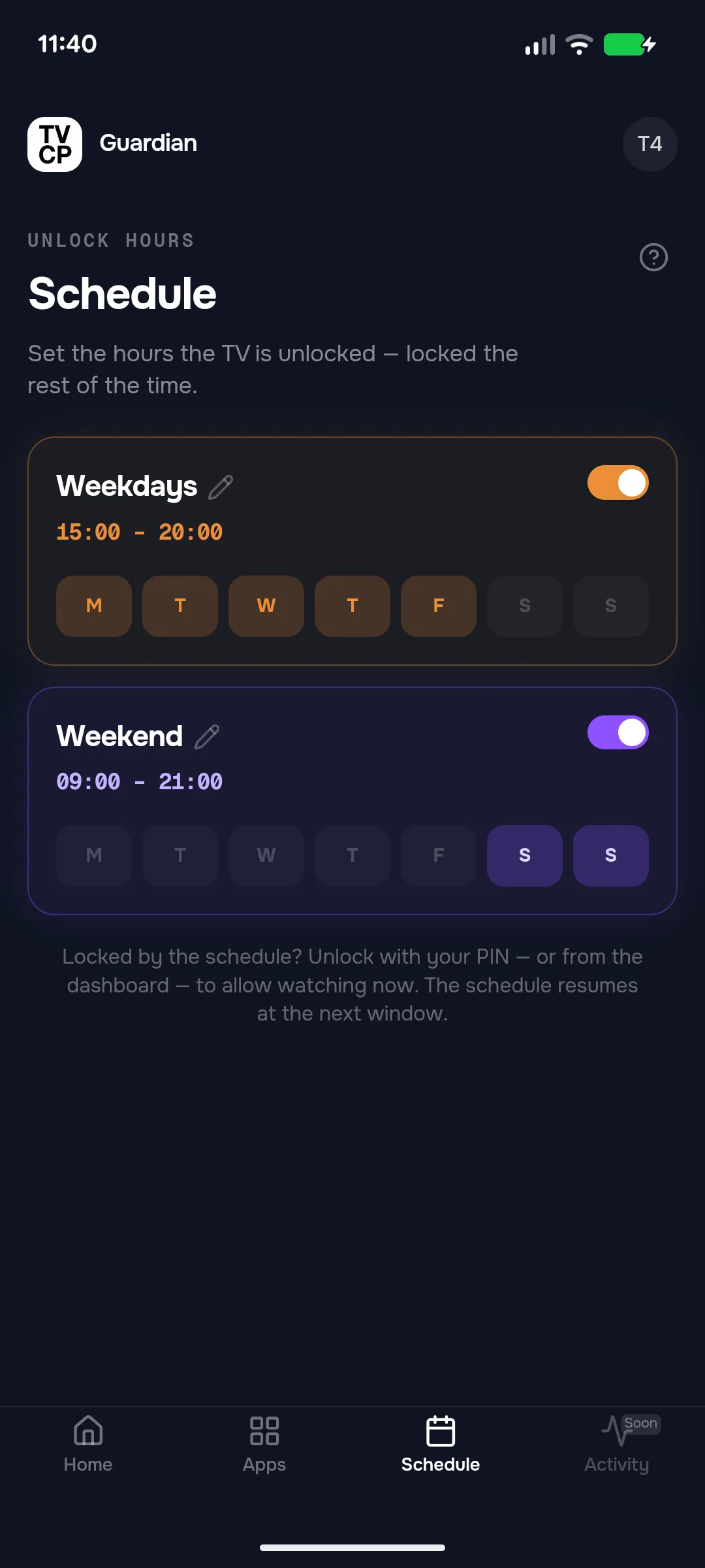 TVCP Guardian’s schedule: the TV unlocks 15:00 to 20:00 on weekdays and 09:00 to 21:00 at weekends.
